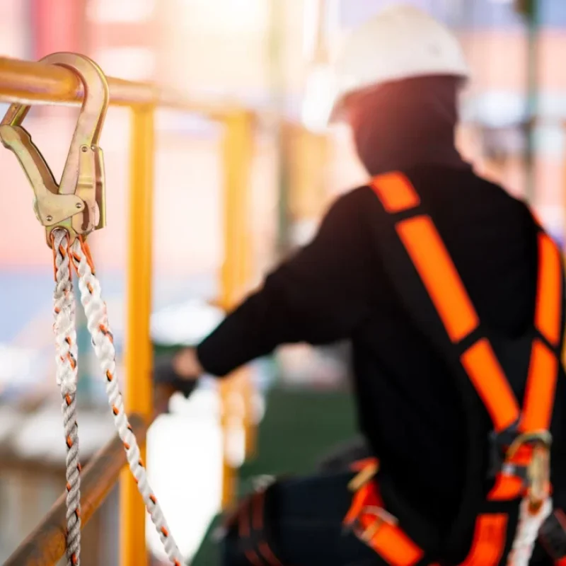 Worker secured with safety line while working at height.